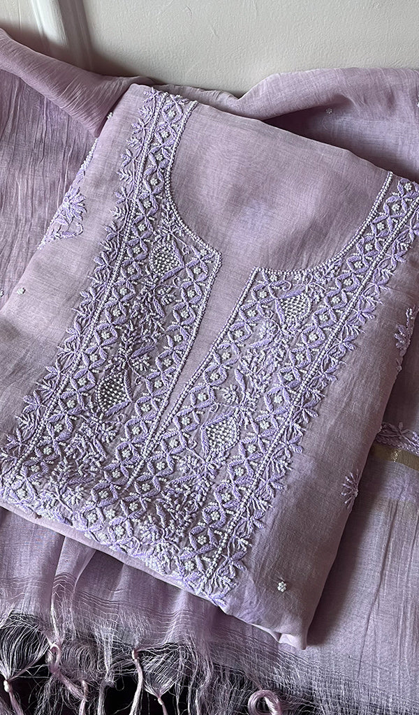 Women's Lakhnavi Handcrafted Mul Chanderi Chikankari Full Suit Material - HONC0279288