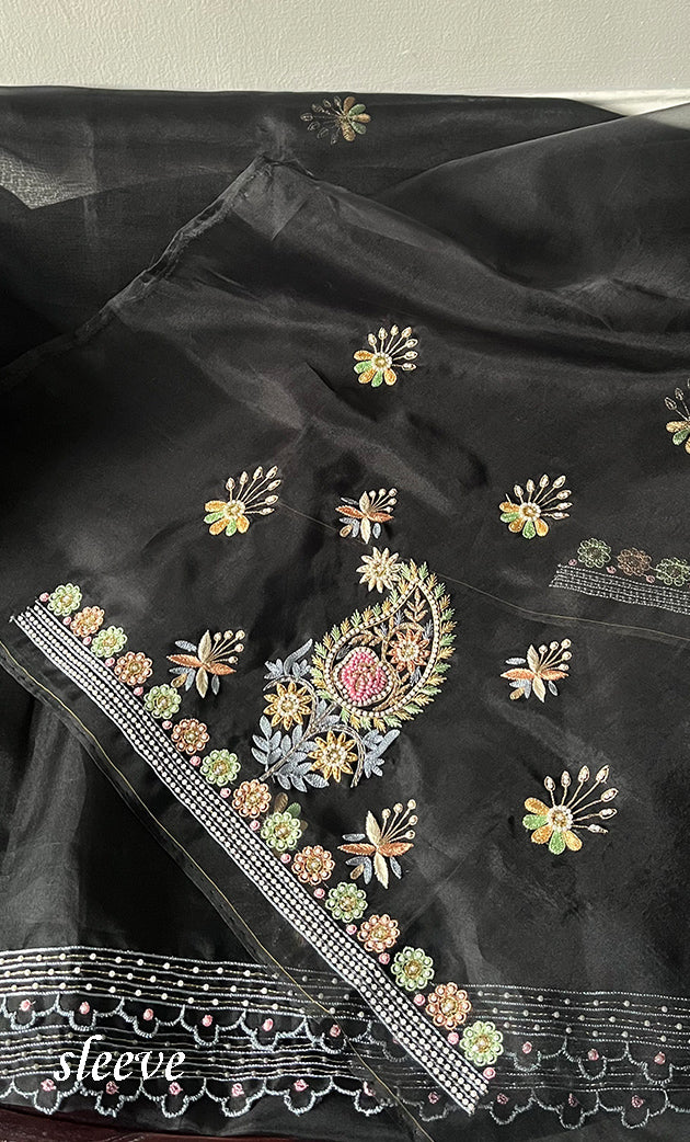 Women's Lakhnavi Handcrafted Pure Organza Chikankari Unstitched Kurta And Dupatta Set- HONC0335375