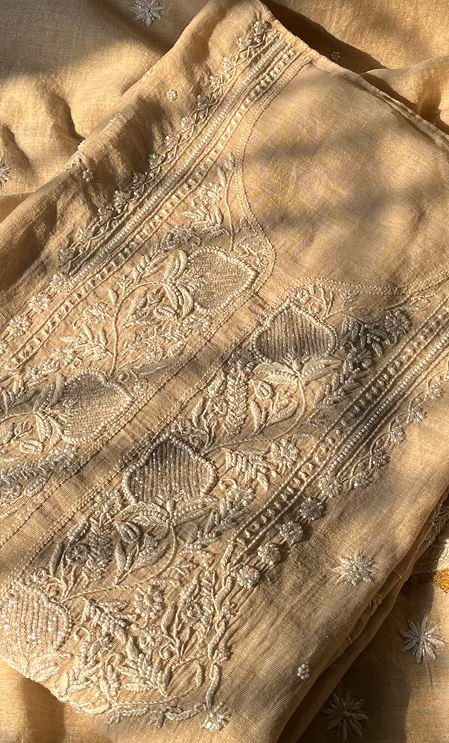 Women's Lakhnavi Handcrafted Tissue Chanderi Unstitched Kurta And Dupatta Set - HONC0299539