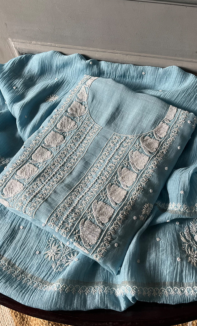 Women's Lakhnavi Handcrafted Mul Chanderi Unstitched Kurta And Dupatta Set - HONC0307416