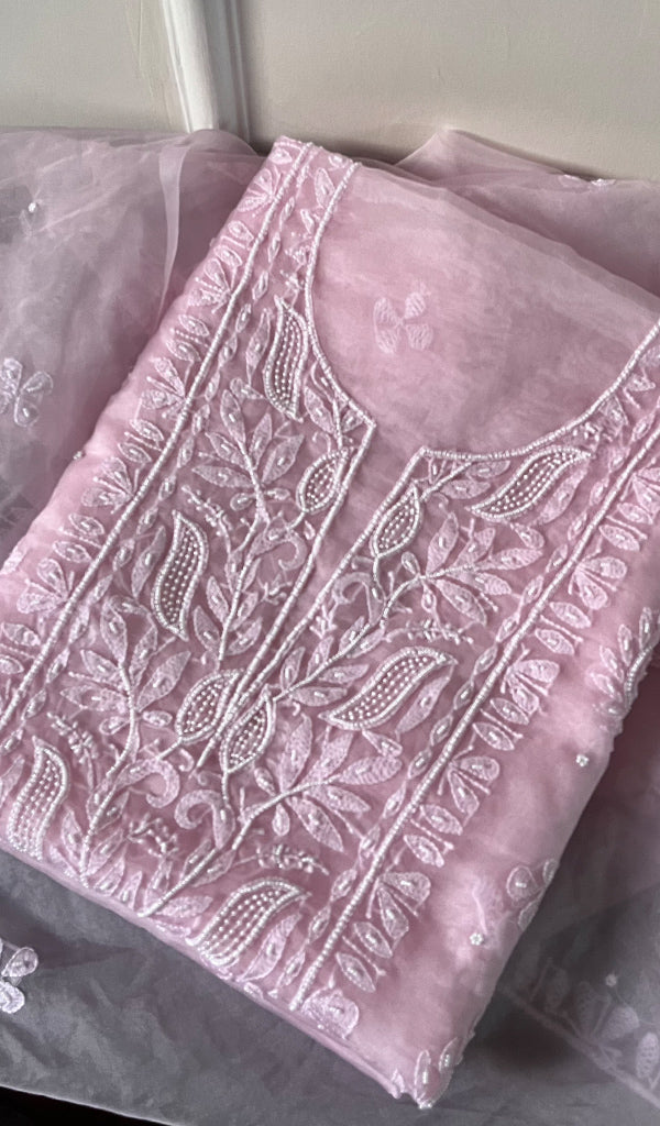 Women's Lakhnavi Handcrafted Organza Chikankari Unstitched Full Suit Material - HONC0271208