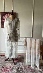 Load image into Gallery viewer, Women's Lucknowi Handcrafted Pure Organza Silk Chikankari Semi- stitched Kurta Dupatta Set- HONC0363193