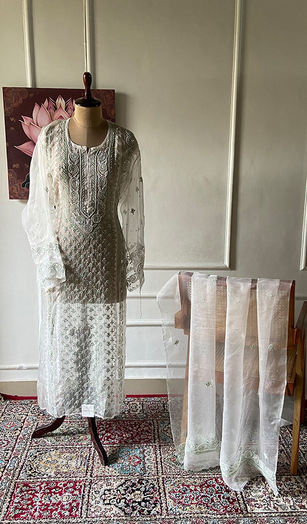 Women's Lucknowi Handcrafted Pure Organza Silk Chikankari Semi- stitched Kurta Dupatta Set- HONC0363193