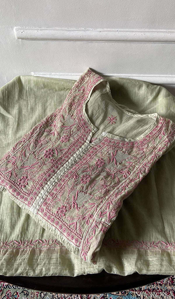 Women's Lakhnavi Handcrafted Mul Chanderi Unstitched Chikankari Full Suit - HONC0284754