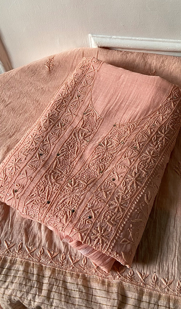 Women's Lakhnavi Handcrafted Mul Chanderi Unstitched Chikankari Full Suit Material - HONC0278932