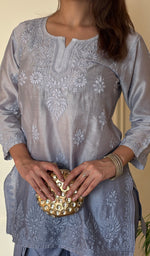 Anika Women's Lucknowi Handcrafted Chanderi Silk Chikankari Top with Farshi Salwar Set .