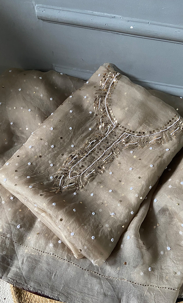 Women's Lakhnavi Handcrafted Pure Organza Chikankari Unstitched Kurta And Dupatta Set- HONC0310711