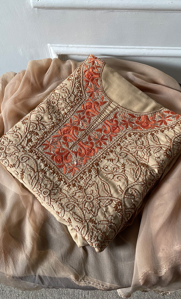 Women's Lakhnavi Handcrafted Unstitched Cotton Chikankari Suit Material - HONC0173411