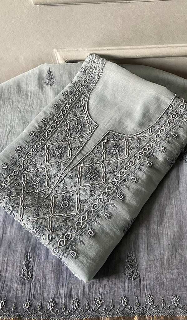 Women's Lakhnavi Handcrafted Mul Chanderi Unstitched Chikankari Full Suit Material - HONC0295747