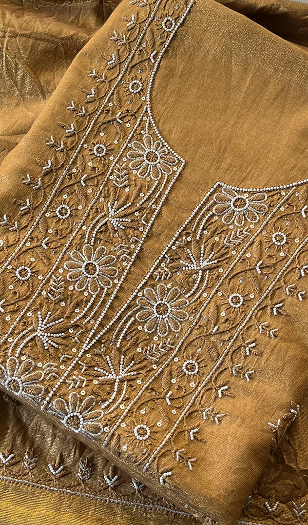 Women's Lakhnavi Handcrafted Tissue Chanderi Chikankari Suit Material - HONC0275990