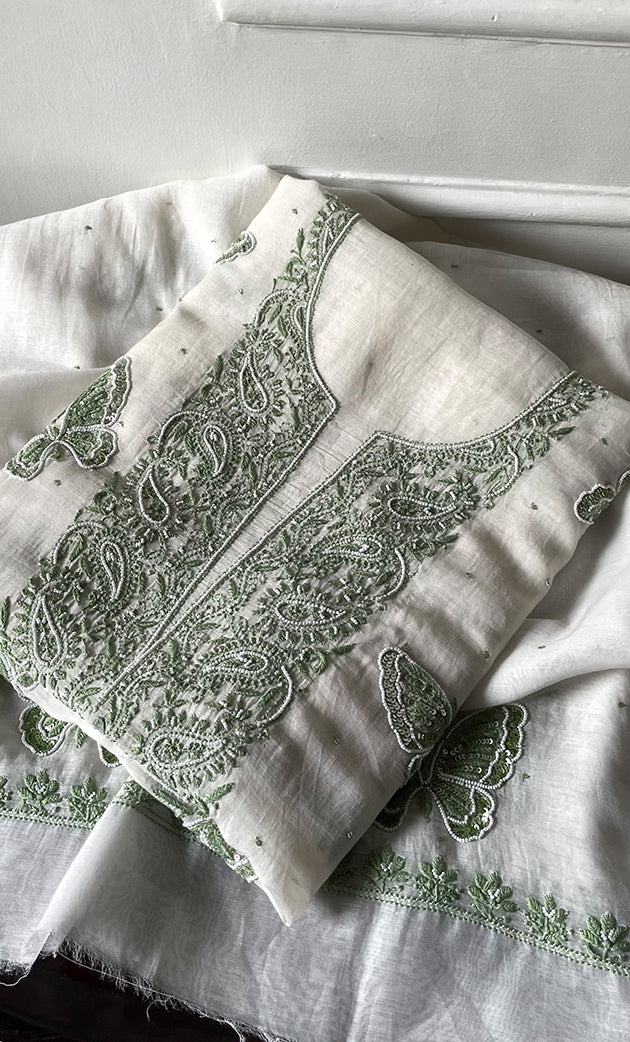 Women's Lakhnavi Handcrafted Unstitched Mul Chanderi Kurta And Dupatta Set - HONC0304154