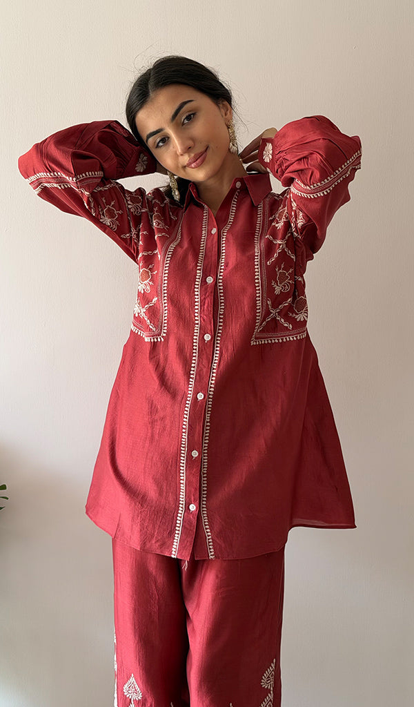 Women's Lakhnavi Handcrafted Chanderi Silk Chikankari Top And Pant Set - HONC0379822