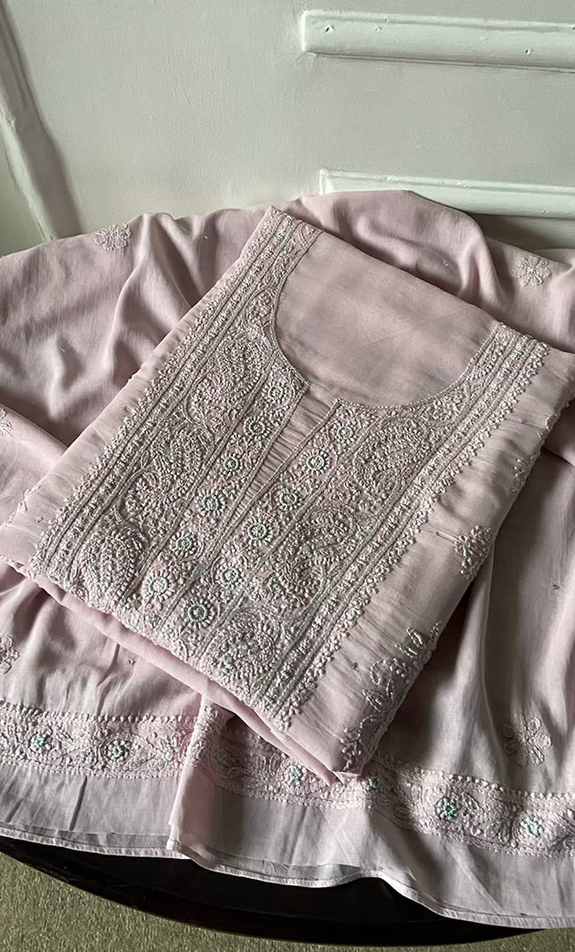 Women's Lakhnavi Handcrafted Unstitched Chikankari Cotton Kurta Dupatta set - HONC092017