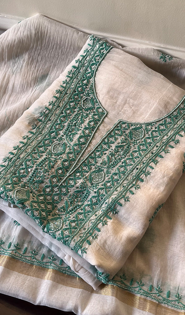 Women's Lakhnavi Handcrafted Mul Chanderi Unstitched Kurta And Dupatta Set - HONC0273254