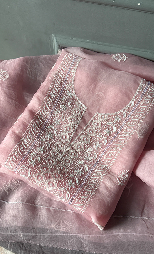 Women's Lakhnavi Handcrafted Pure Organza Chikankari Unstitched Kurta And Dupatta Set- HONC0303192