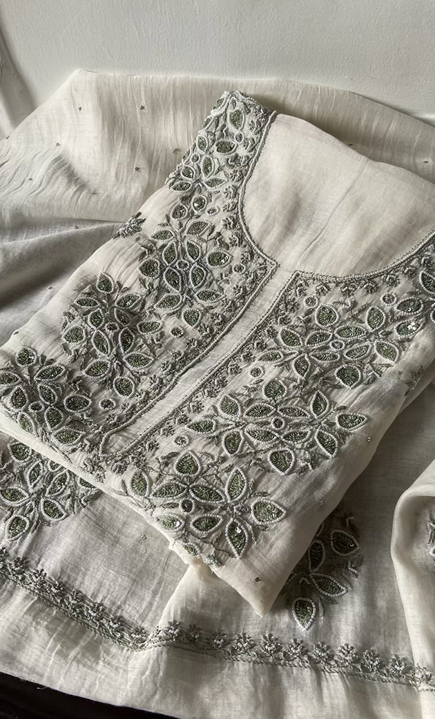 Women's Lakhnavi Handcrafted Mul Chanderi UnStitched Kurta And Dupatta Set - HONC0314858