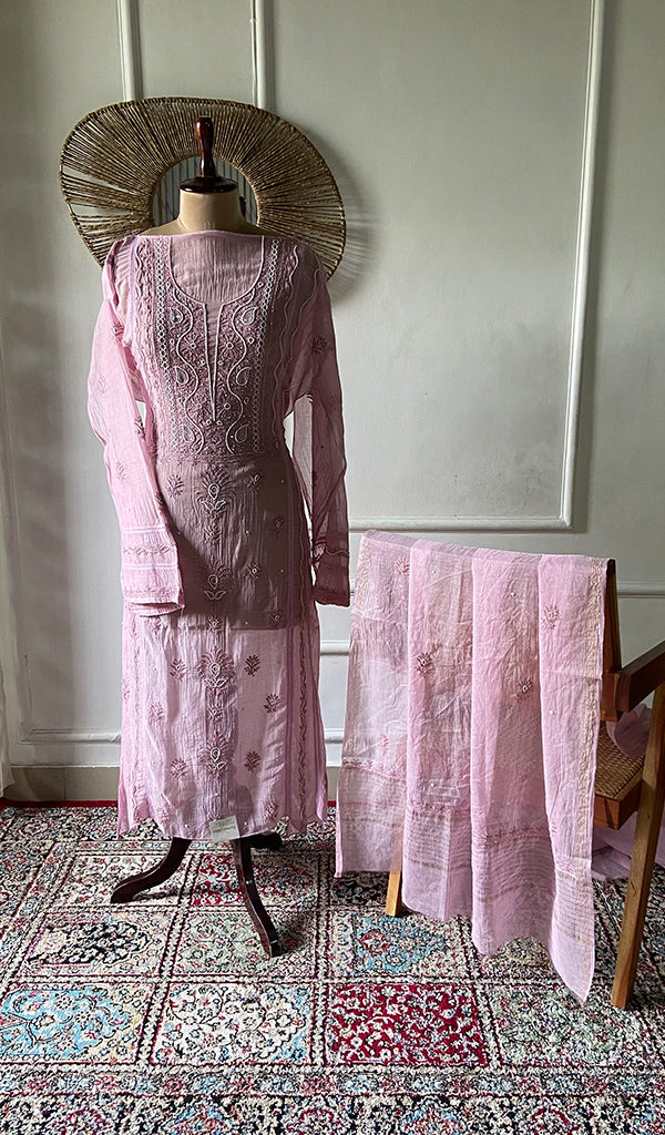 Women's Lakhnavi Handcrafted Mul Chanderi Unstitched Chikankari Full Suit - HONC0334735