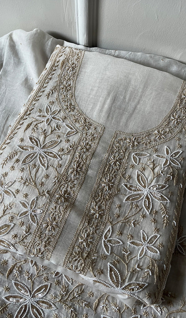 Women's Lakhnavi Handcrafted Mul Chanderi Unstitched Kurta And Dupatta Set - HONC0277054