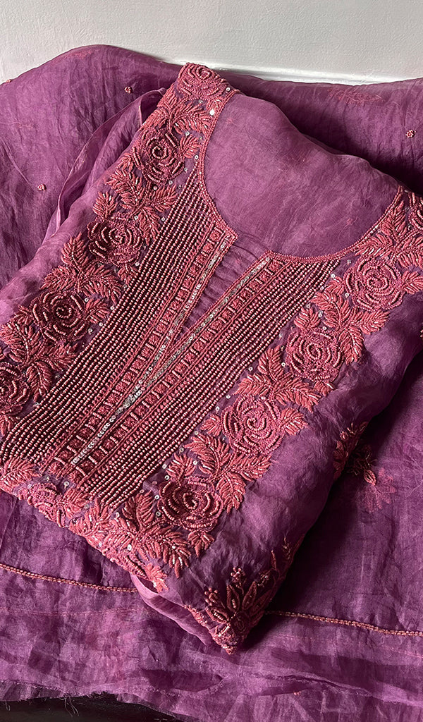 Women's Lakhnavi Handcrafted Pure Organza Chikankari Unstitched Kurta And Dupatta Set- HONC0272490