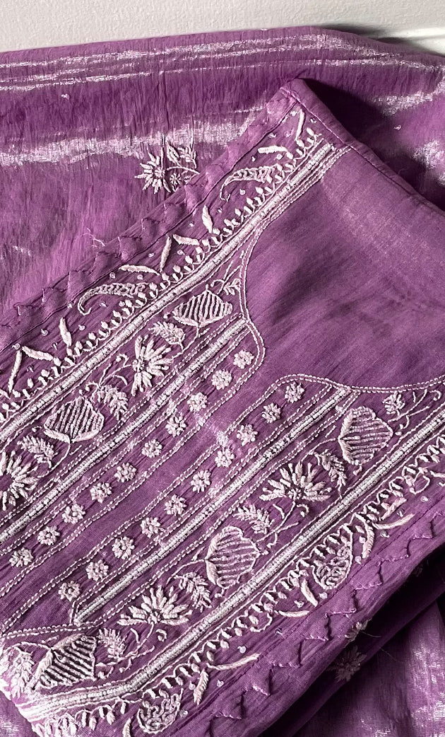 Women's Lakhnavi Handcrafted Tissue Chanderi Semi-Stitched Kurta  And Dupatta Set - HONC0323633