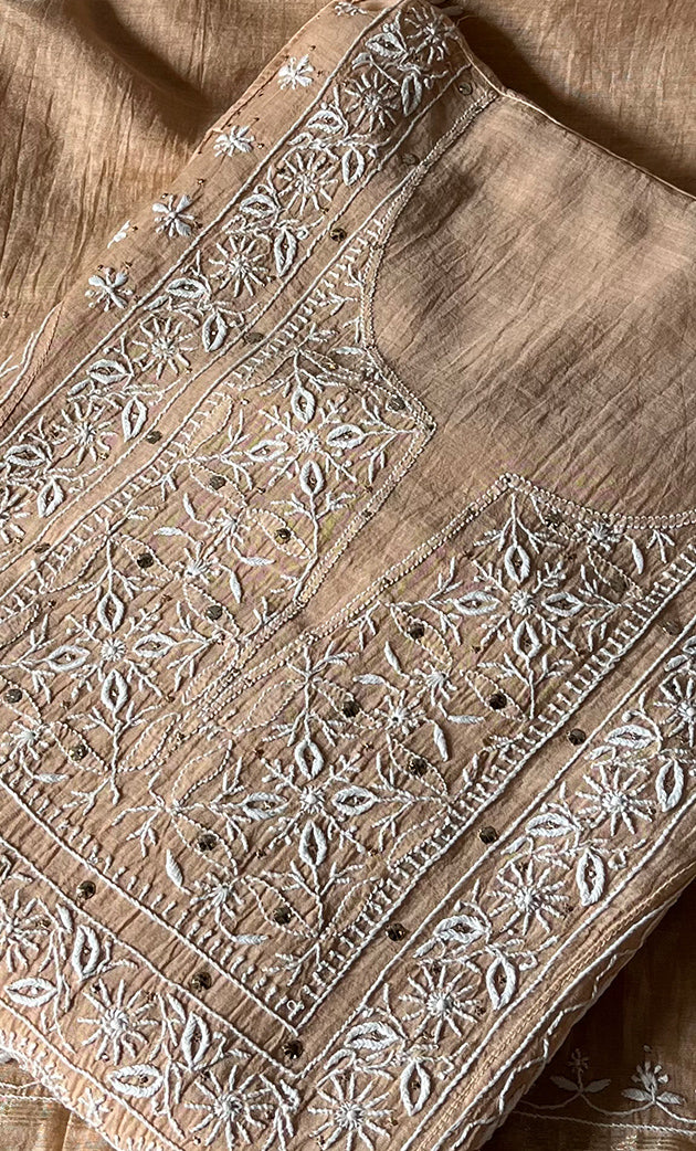 Women's Lakhnavi Handcrafted Mul Chanderi Semi - stitched Kurta And Dupatta Set- HONC0280973