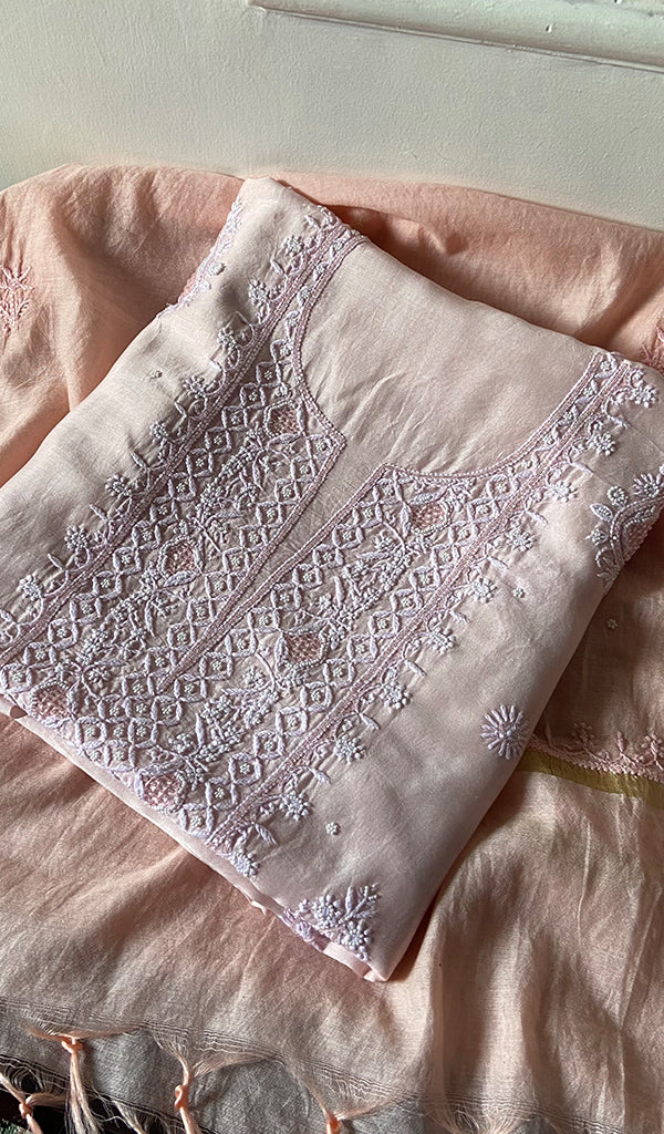 Women's Lakhnavi Handcrafted Mul Chanderi Unstitched Chikankari Full Suit Material - HONC0298570