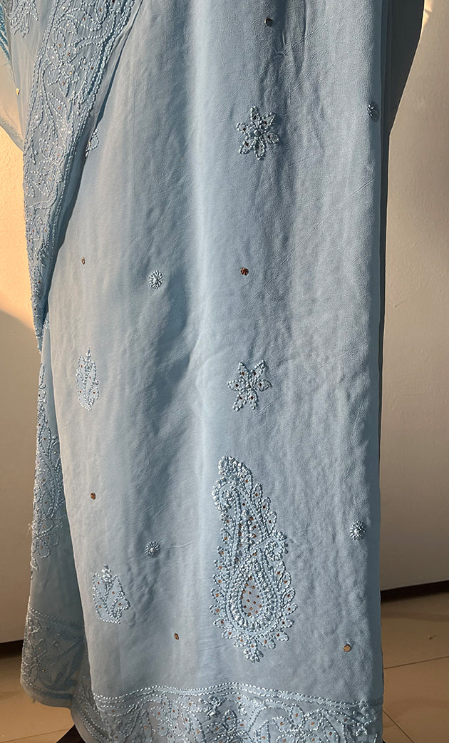 Women's Lakhnavi Handcrafted Viscose Georgette Chikankari Saree - HONC0271076