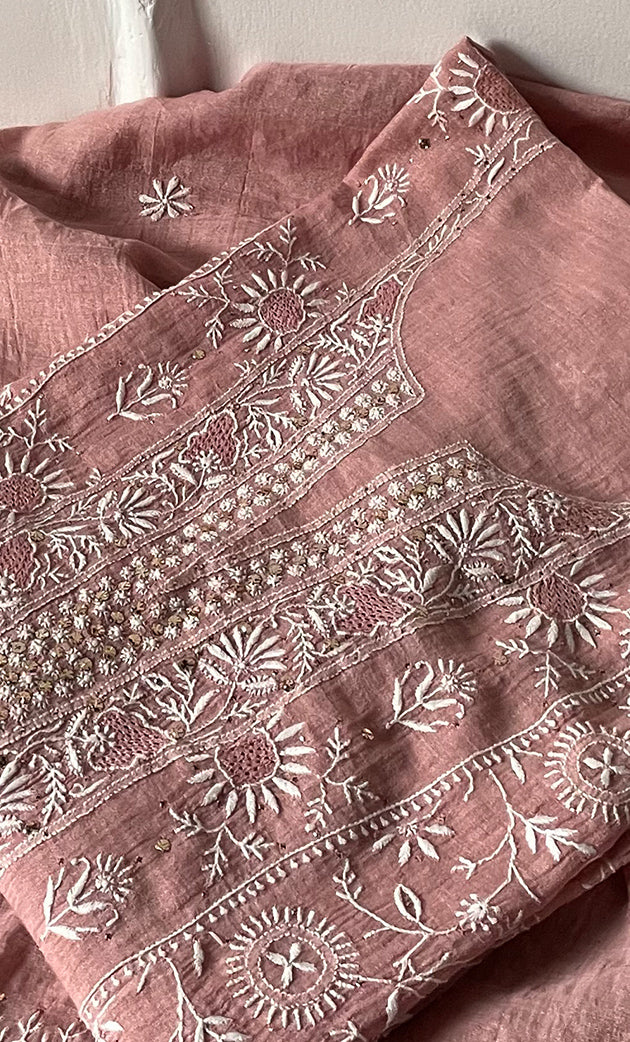 Women's Lakhnavi Handcrafted Tissue Chanderi Semi - Stitched Kurta And Dupatta Set- HONC0270644