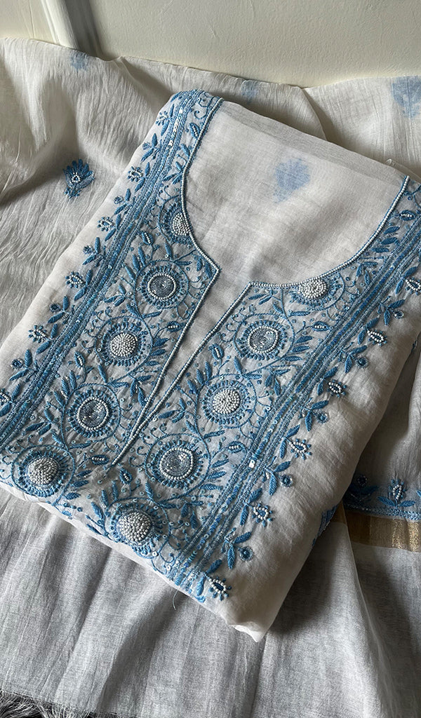 Women's Lakhnavi Handcrafted Mul Chanderi Unstitched Kurta And Dupatta Set - HONC0265850