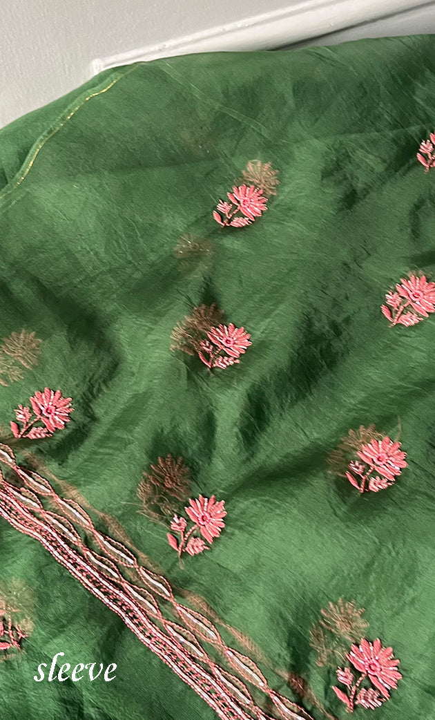 Women's Lakhnavi Handcrafted Pure Organza Chikankari Unstitched Kurta And Dupatta Set- HONC0311849