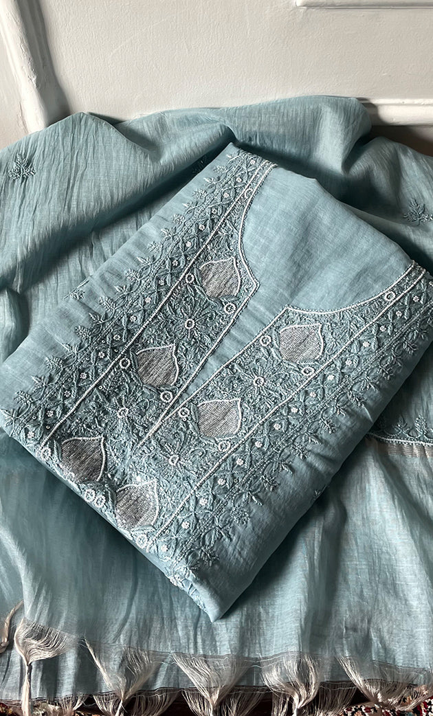 Women's Lakhnavi Handcrafted Mul Chanderi Unstitched Chikankari Full Suit Material - HONC0314656