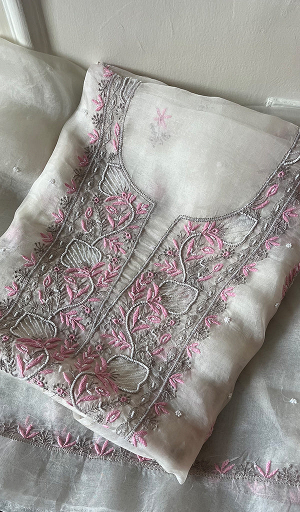 Women's Lakhnavi Handcrafted Pure Organza Chikankari Unstitched Kurta And Dupatta Set- HONC0283112