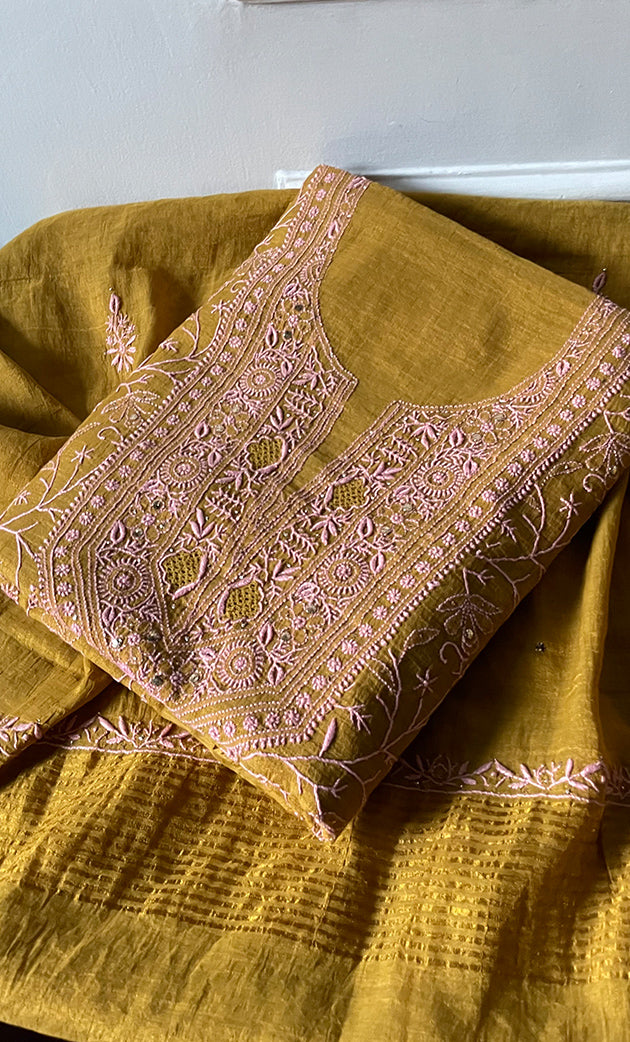 Women's Lakhnavi Handcrafted Tissue Chanderi Unstitched Kurta And Dupatta Set - HONC0281013