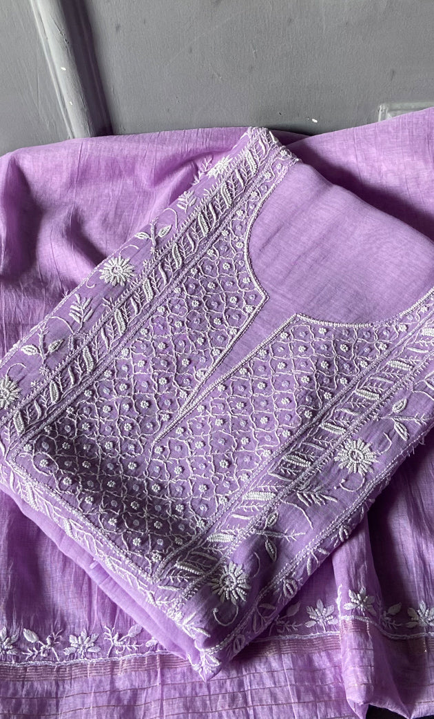 Women's Lakhnavi Handcrafted Mul Chanderi Unstitched Chikankari Full Suit Material - HONC0278008
