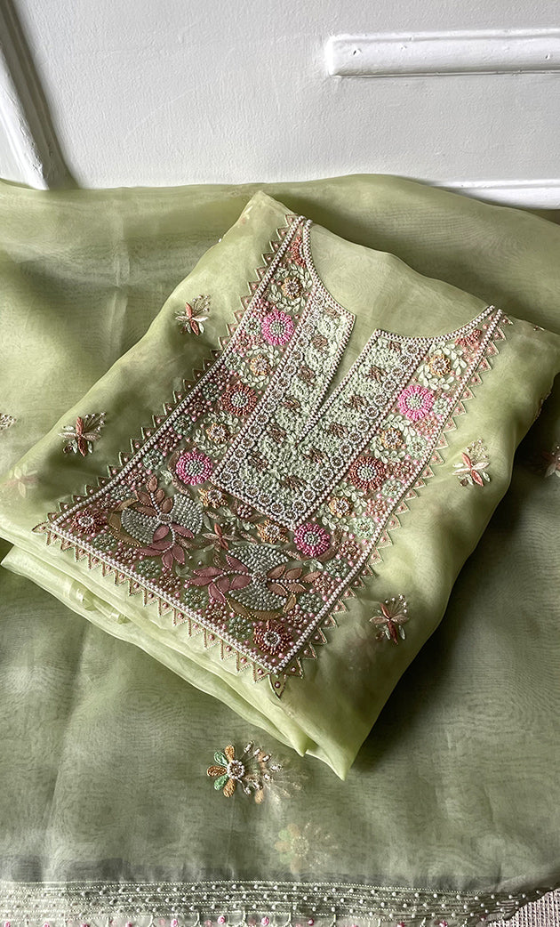 Women's Lakhnavi Handcrafted Pure Organza Chikankari Unstitched Kurta And Dupatta Set- HONC0237139