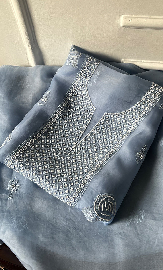 Women's Lakhnavi Handcrafted Pure Organza Chikankari Unstitched Kurta And Dupatta Set- HONC0314162