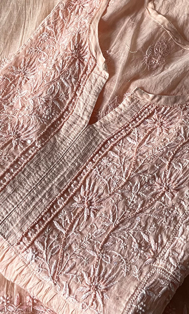 Women's Lakhnavi Handcrafted Mul Chanderi Semi - stitched Chikankari Full Suit Material - HONC0319557