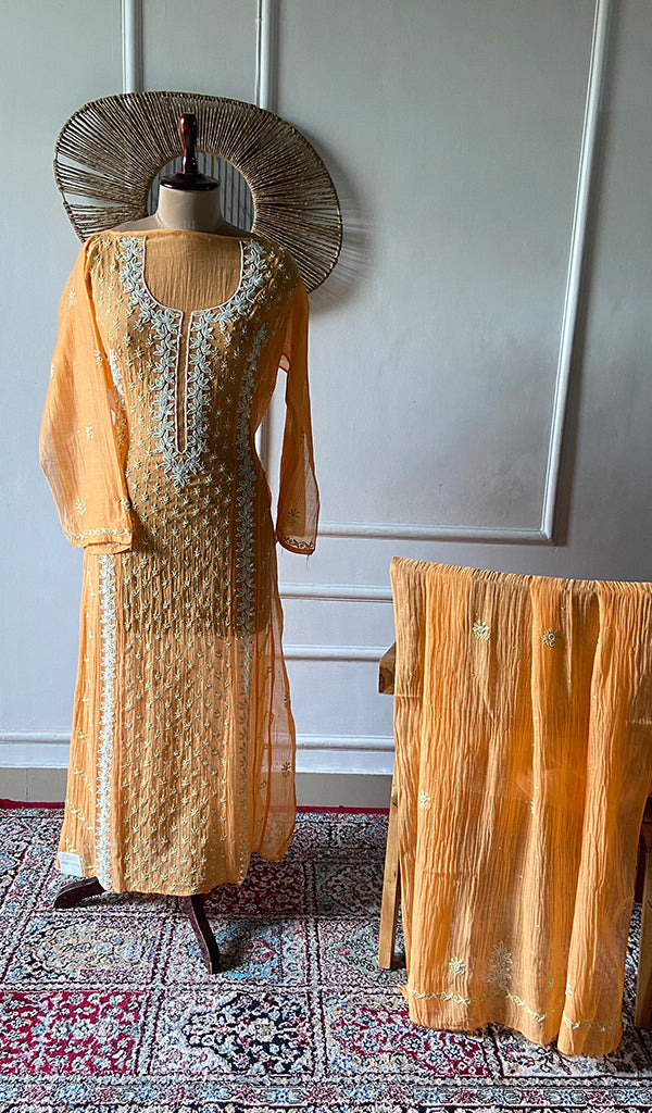 Saziya Women's Lakhnavi Handcrafted Mul Chanderi Semi - Stitched Chikankari Full Suit Material - HONC0358765