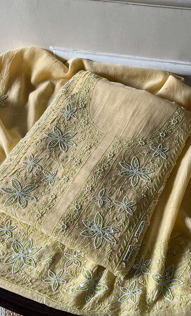 Women's Lakhnavi Handcrafted Mul Chanderi Unstitched Kurta And Dupatta Set - HONC0302256