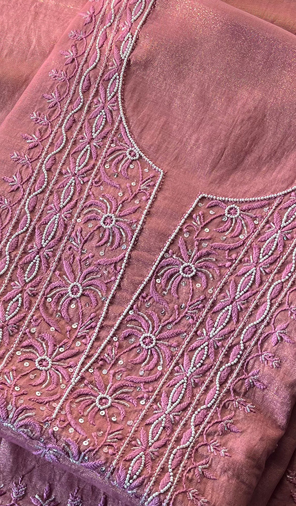 Women's Lakhnavi Handcrafted Tissue Chanderi Chikankari Suit Material - HONC0275985