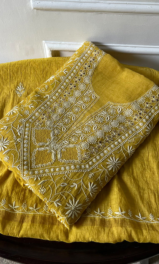 Women's Lakhnavi Handcrafted Tissue Chanderi Unstitched Chikankari Kurta And Dupatta Set - HONC0270060
