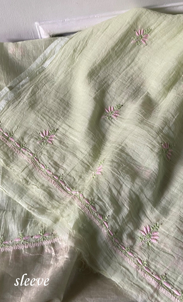 Women's Lakhnavi Handcrafted Mul Chanderi Unstitched Chikankari Full Suit Material - HONC0324497