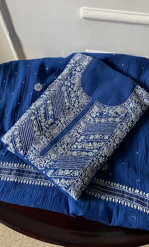 Women's Lakhnavi Handcrafted Maheshwari Mul Chanderi Unstitched Kurta And Dupatta Set- HONC0282254