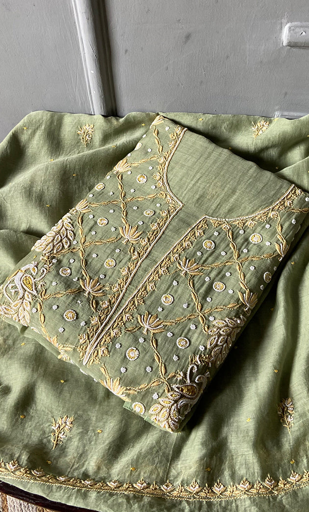 Women's Lakhnavi Handcrafted Mul Chanderi Unstitched Kurta And Dupatta Set- HONC0312987