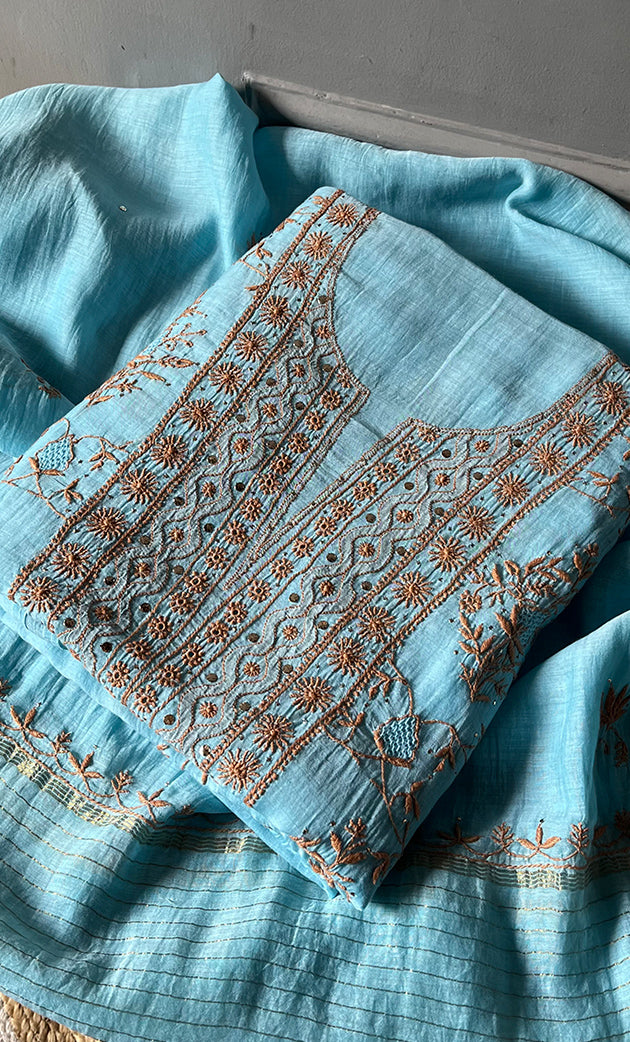 Women's Lakhnavi Handcrafted Mul Chanderi Unstitched Kurta And Dupatta Set- HONC0270065