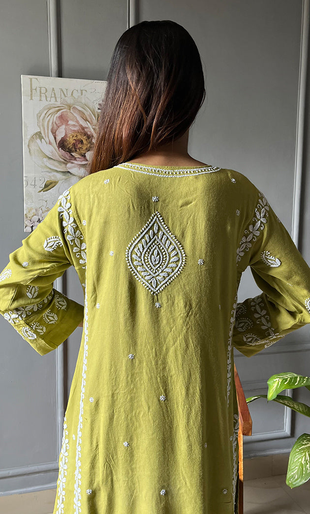 Women's Lakhnavi Handcrafted Modal Cotton Chikankari Kurta And Pant Set - HONC0300580