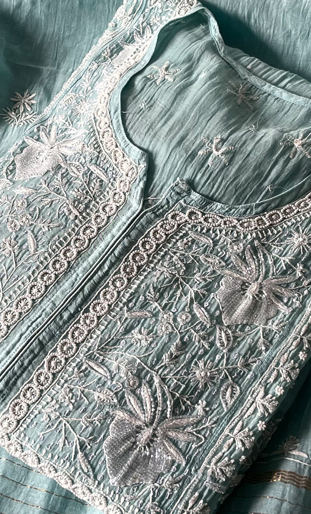 Women's Lakhnavi Handcrafted Mul Chanderi Semi - stitched Chikankari Full Suit Material - HONC0323620
