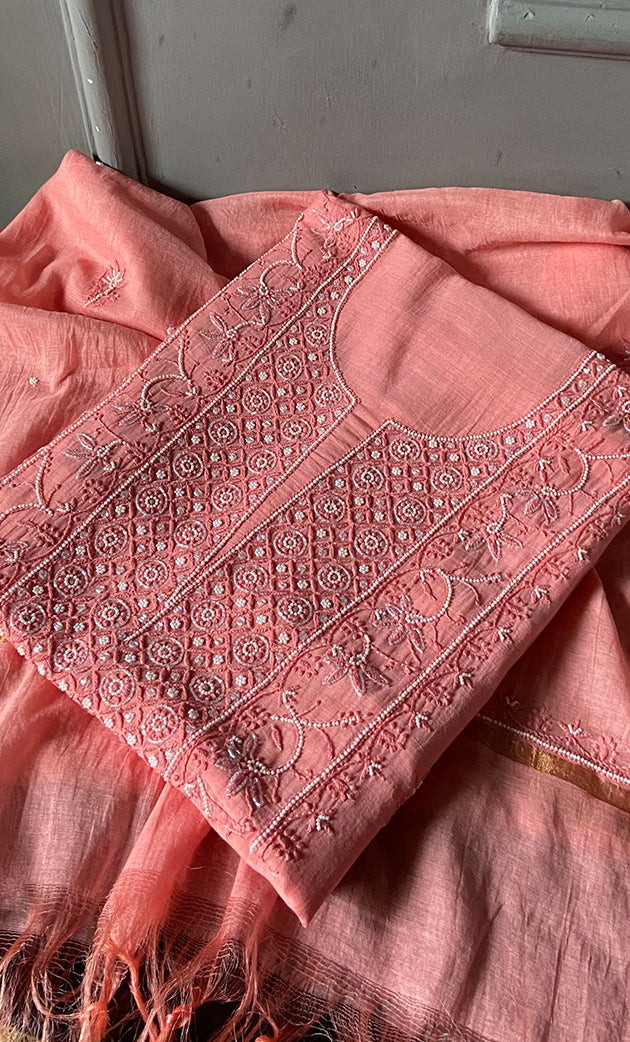 Women's Lakhnavi Handcrafted Mul Chanderi Unstitched Chikankari Full Suit Material - HONC0278000