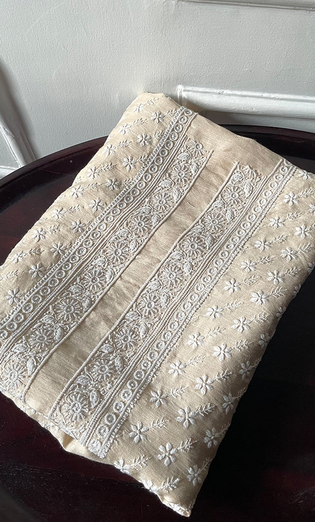 Lucknowi Handcrafted Munga Silk Chikankari Unstitched Unisex Kurta Fabric - HONC0319976