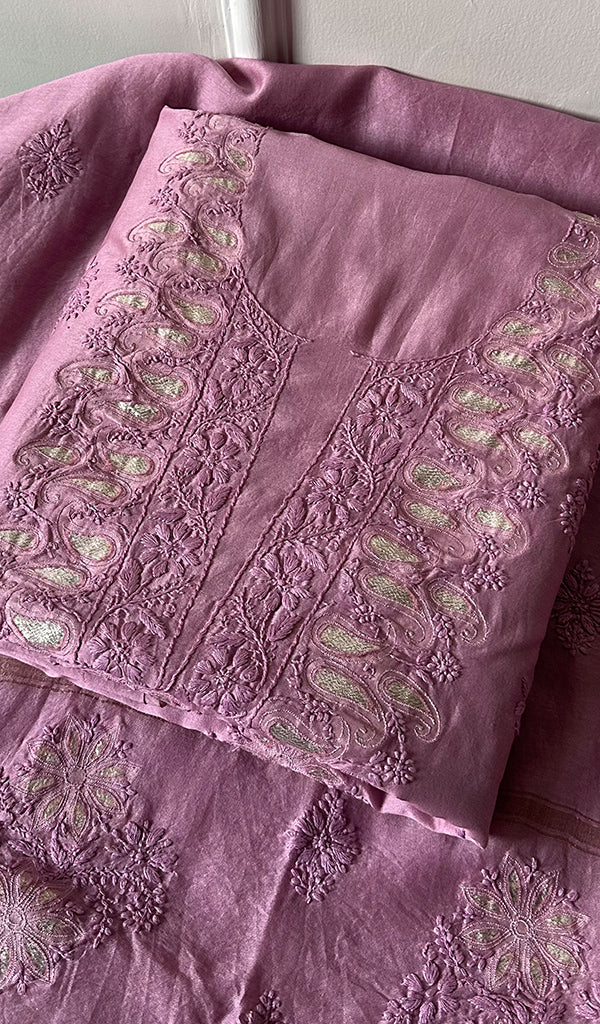Women's Lakhnavi Handcrafted Mul Chanderi Unstitched Kurta And Dupatta Set - HONC0277040